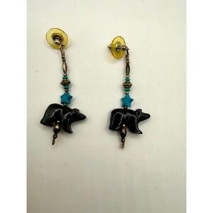 Navajo Sterling Silver Turquoise Spirit Bear Dangle Earrings Southwest